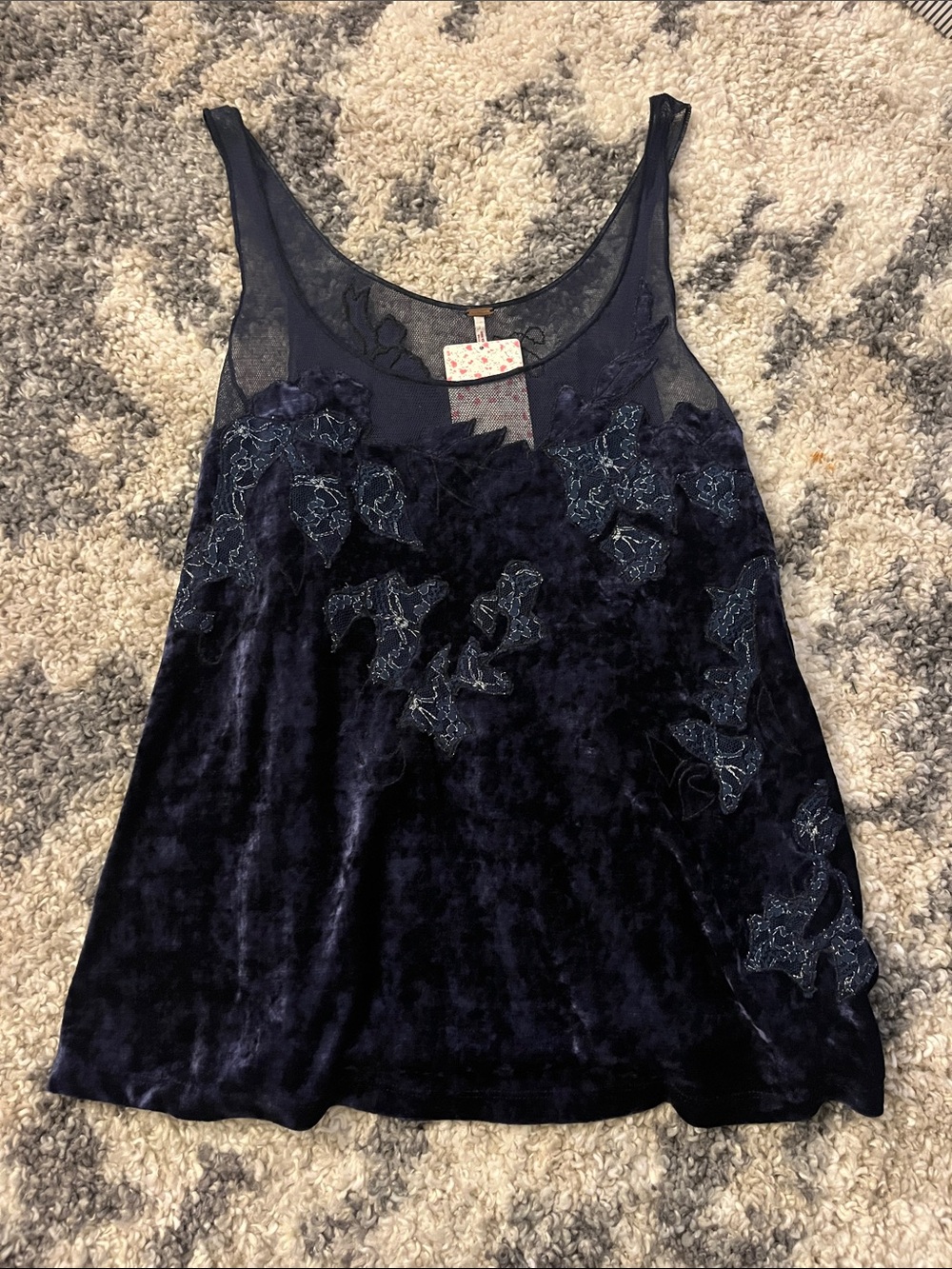 Free People Navy Velvet Floral Applique Camisole